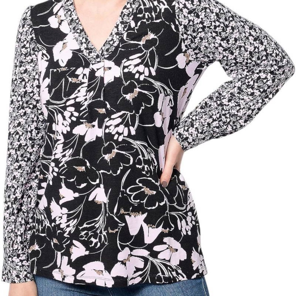 Belle by Kim Gravel Black & Light Pink Floral V-Neck Blouse Size 1X‎